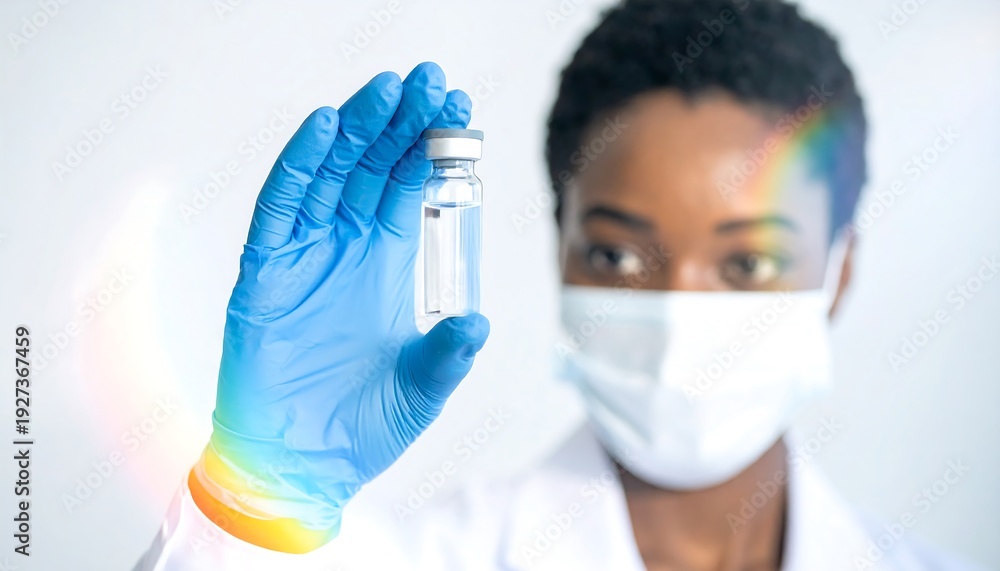 Naklejka premium Healthcare Provider: A healthcare professional, masked and gloved, holds a vial of medicine, symbolizing the essential role of medical professionals in providing care and health.