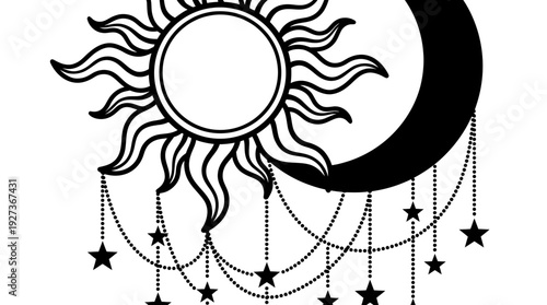Boho Celestial Sun and Crescent Moon Illustration with Dangling Stars - Cosmic Mystical Design