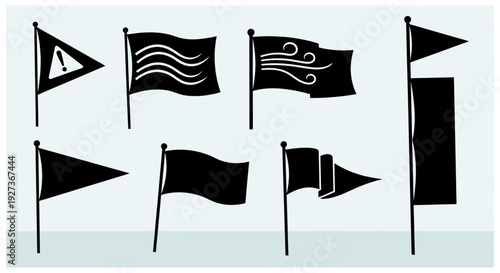 Set of Black Flags and Banners on Poles, Nautical and Warning Signals