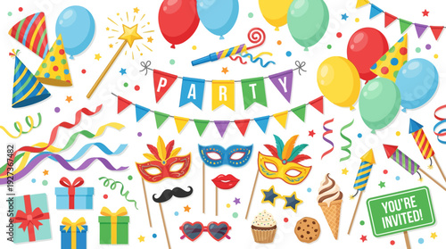 Vibrant Party Celebration Elements Set: Balloons, Hats, Masks, Gifts, Streamers & Photo Booth Props on White Background