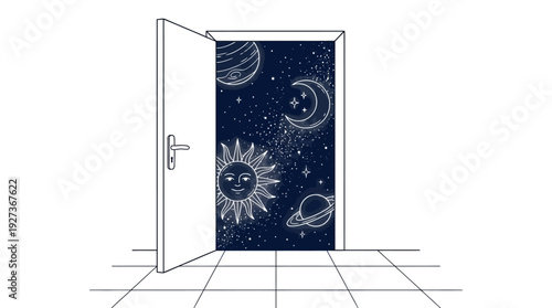 Open Door to Imagination: Cosmic Universe with Sun, Moon, and Planets Beyond the Threshold - Line Art