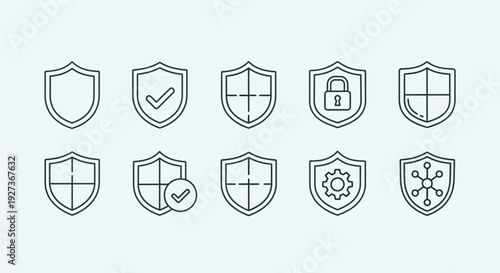 Set of Shield Icons: Security, Protection, Safety, Trust, Technology, and Data Protection Symbols