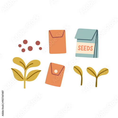 Flat vector seed packets, seeds and green sprouts collection. Minimal gardening elements isolated on light background, ideal for farming, planting and spring growth concepts