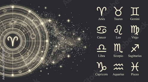 Cosmic Zodiac Signs and Astrological Chart with Golden Glyphs on Dark Starry Background
