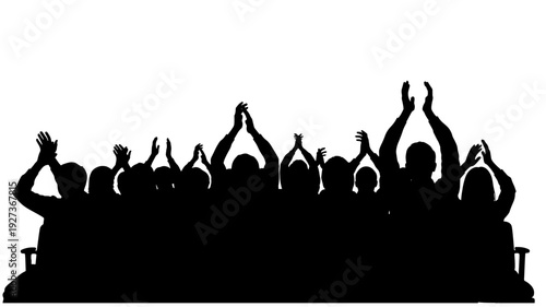 Silhouetted audience applauding in unity with raised hands in dramatic black and for corporate event Transparent Background