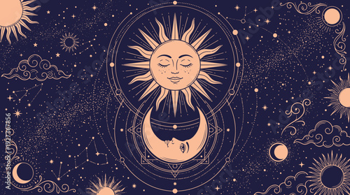 Mystical Sun & Moon Celestial Vector. Astrological Cosmic Harmony on Starry Night Sky Background with Ornate Swirls, Clouds & Constellations.