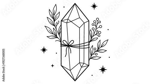 Magical Crystal Gemstone with Botanical Floral Branches, Tied Bow, and Celestial Stars. Minimalist Outline Line Art Vector
