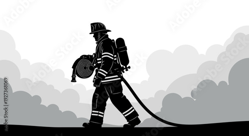 Firefighter in Full Protective Gear Walking.