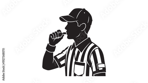 Referee blowing whistle in striped uniform with cap in black and illustration for sports icon Transparent Background