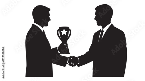 Businessmen shaking hands with trophy in monochrome minimalist style on for corporate award Transparent Background