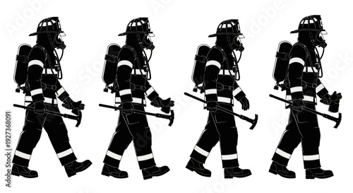 Firefighters in Action Walking Silhouette Illustration.