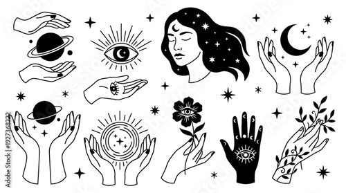 Mystical Celestial Hands & Esoteric Symbols Vector Pack | Spiritual, Astrological, Boho Witchy Art