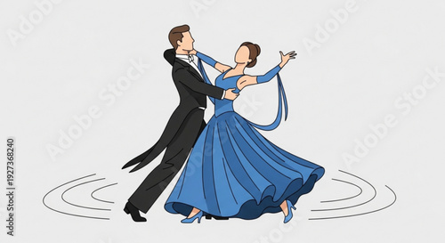Couple dancing together in elegant blue dress and black suit on gray background with swirling lines
