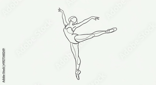 Elegant ballerina performing arabesque pose with outstretched arms and leg minimalist line art on light green background