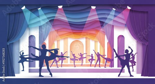 Ballet dancers performing on a colorful theater stage with spotlights shining down graceful silhouettes in various poses