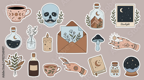 Hand-Drawn Mystical Boho Witchcraft Sticker Set: Celestial, Esoteric, & Nature Elements for Spiritual & Magical Design