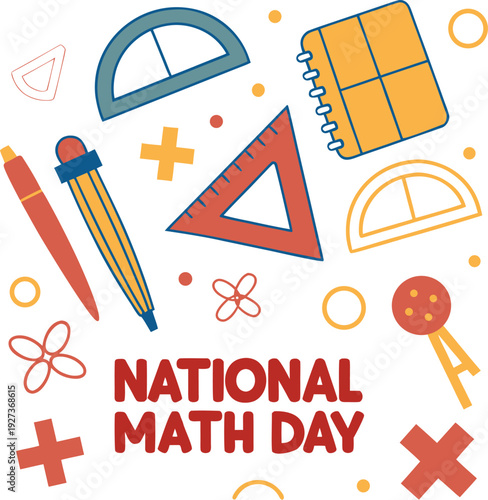 Bold and Colorful National Math Day Artwork with Geometric Shapes and Tools.