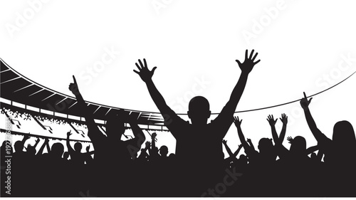 Crowd Celebrating in Stadium Silhouette with Raised Hands in Dramatic Black and for Sports Event Transparent Background