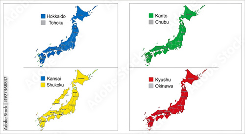 Map of Japan divided into regions: Hokkaido, Tohoku, Kanto, Chubu, Kansai, Shikoku, Kyushu, Chugoku