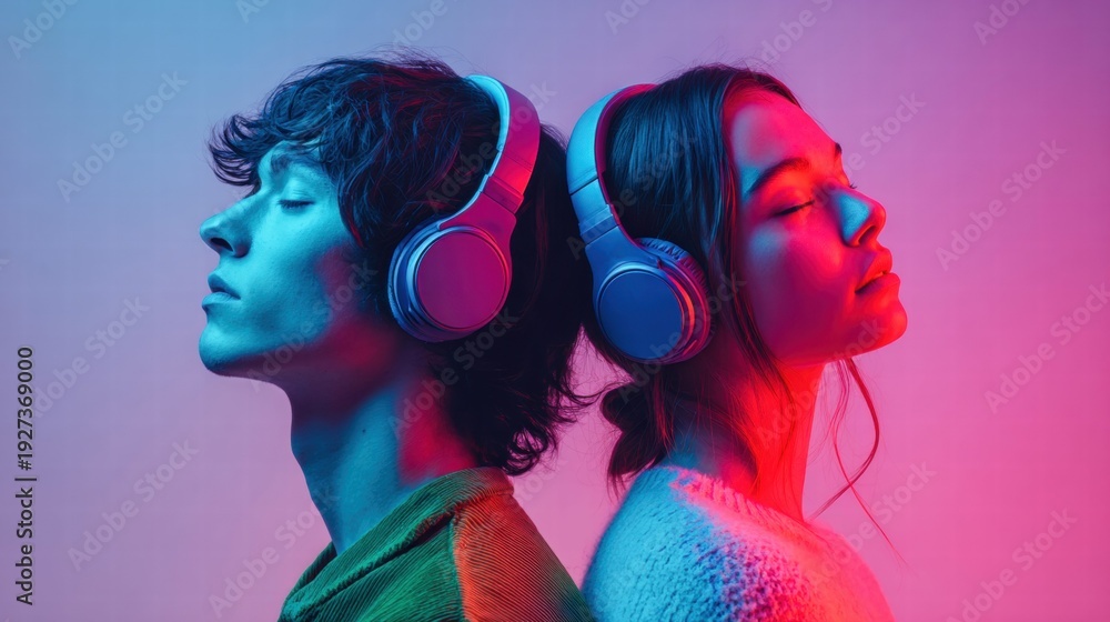 © NovaVision - Two people share a moment of musical bliss in a vibrant neon atmosphere with headphones.