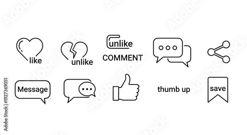 Social Media Icons Set: Like, Unlike, Comment, Message, Share, Save, Thumb Up