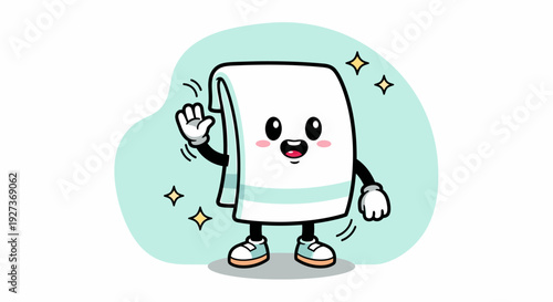 Cute animated marshmallow character waving in friendly pose.