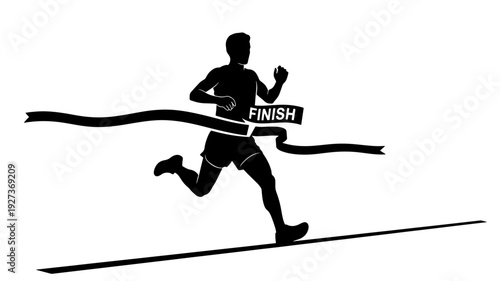 Silhouette of Runner Crossing Finish Line in Dynamic Motion with Ribbon in Black and Illustration for Sports Transparent Background