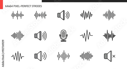 Sound Wave Icons: Speaker, Microphone, Volume Control, Mute, Audio Signal