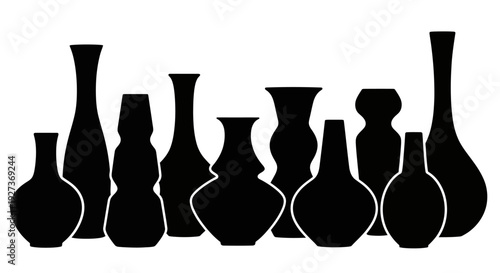 Silhouette Collection of Diverse Ceramic Vases and Pottery on White Background