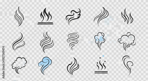 Set of stylized steam, smoke, and vapor icons on transparent background
