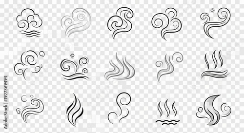 Set of stylized steam, smoke, and vapor icons, hand-drawn sketch style, transparent background