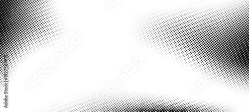 Abstract grunge gradient dot vector pattern background. Retro half tone pattern in monochrome with smooth transition of black dots creating a vignette. Black and white halftone texture grunge gradient