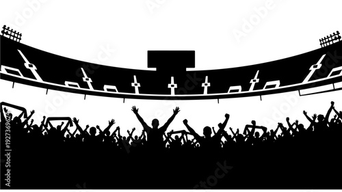 Crowd at Concert in Silhouette with Raised Arms in Dramatic Black and Illustration for Music Event Transparent Background