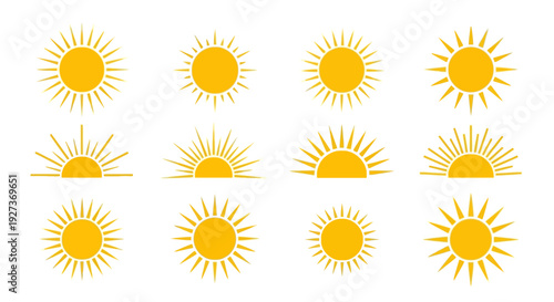 Set of Sun Icons, Sunrise and Sunset Symbols, Vector Graphics