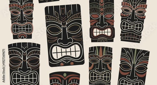 Seamless Pattern of Hawaiian Tiki Masks, Tribal Art, Tropical Culture, Polynesian Style