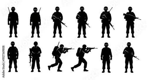 Silhouette Soldiers with Rifles: Military Action Poses, Infantry Squad, Tactical Gear