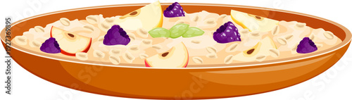 Cartoon oatmeal porridge food in wide ceramic bowl with apple slices, raspberry, seeds and oat flakes. Vector isolated healthy breakfast, cereal food with fruit topping, natural nutrition morning meal