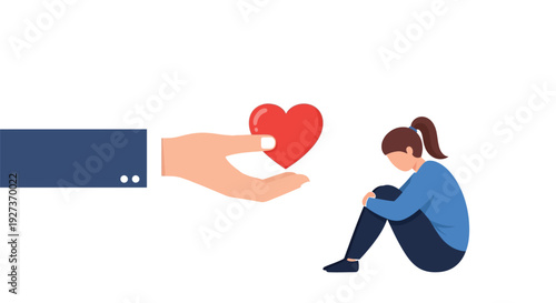 Hand offering red heart to distressed woman
