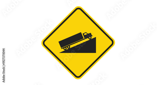 Caution sign warning of truck on steep hill