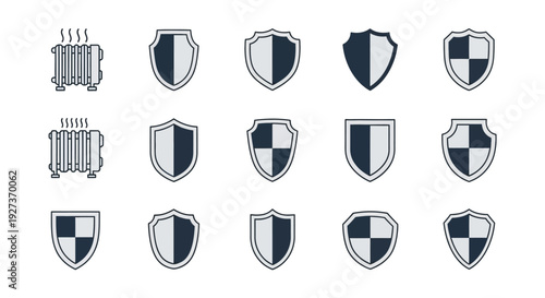 Set of Shield Icons and Radiator Icons, Security and Heating Symbols