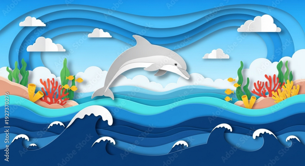Obraz premium Dolphin jumping out of ocean waves with coral reefs and tropical islands in a vibrant layered paper cut style illustration