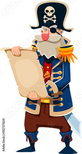 Brave pirate captain cartoon character. Funny old pirate captain in tricorn hat with skull, an eye patch, and epaulets adorned uniform reads an ancient manuscript. Vector personage for nautical games