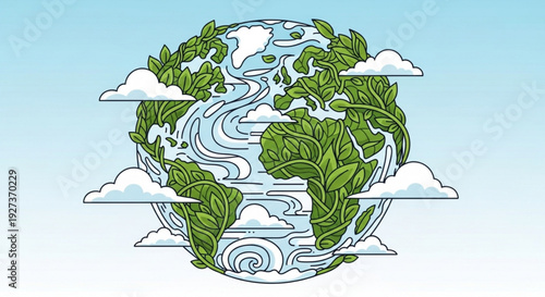 Earth with green leaves and clouds symbolizing eco friendly environment and sustainability