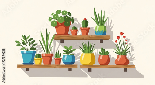 Colorful potted plants on wooden shelves against a beige wall indoor gardening home decor and plants