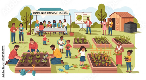 Community harvest festival with people gardening and socializing outdoors in a lush green environment
