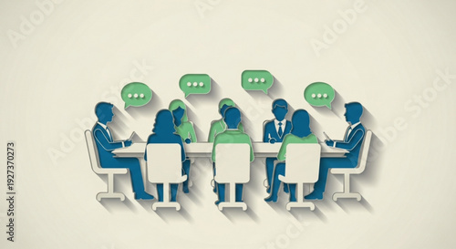 Group of professionals in business attire having a meeting around a table with speech bubbles above them discussing ideas and collaborating in a modern office setting