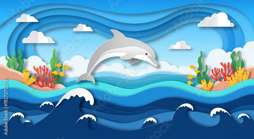Dolphin jumping out of ocean waves with coral reefs and tropical islands in a vibrant layered paper cut style illustration