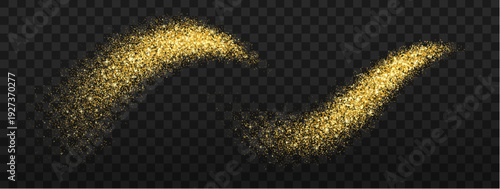 Golden glitter and stardust vector splash, magic star particles. Sparkling golden glitter and confetti wave with glowing dust trail, filled with twinkling sparkles and bokeh lights. Shimmer trail