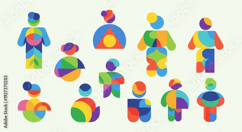 Colorful abstract human figures in various poses and shapes vibrant geometric people silhouettes diversity and unity concept