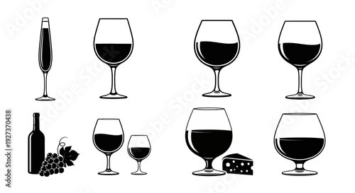 Set of Wine Glasses, Bottle, Grapes, and Cheese - Black and White Icons